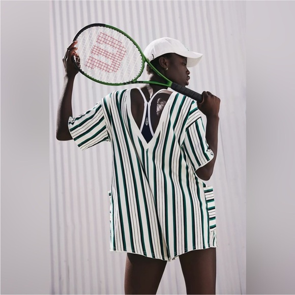 Free People Movement Hot Shot Printed Tee Romper Coastal Green & White Medium - Picture 3 of 8